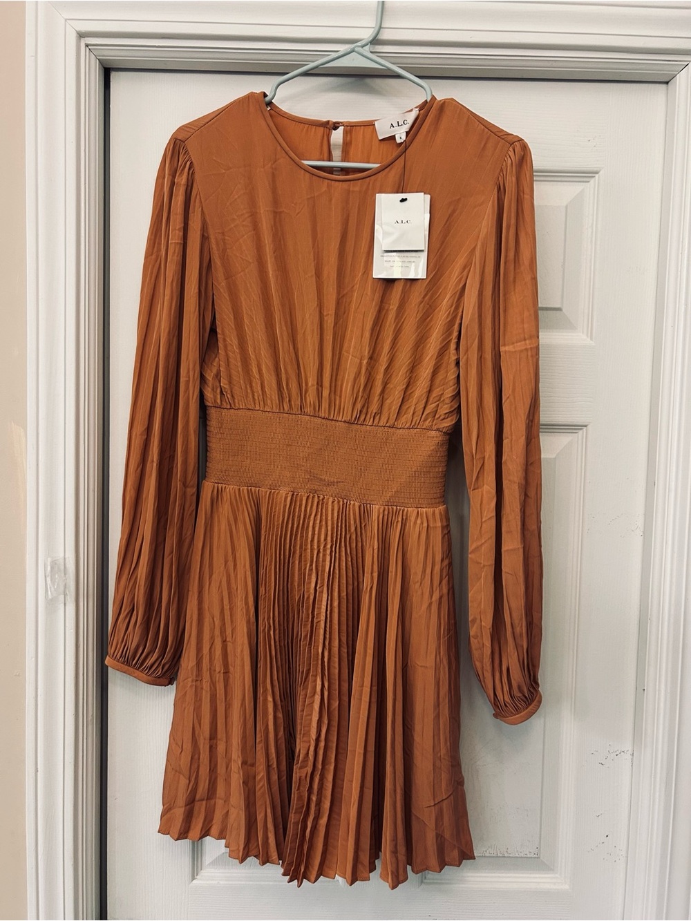 A.L.C. Rust Long-Sleeve Pleated Waist Dress